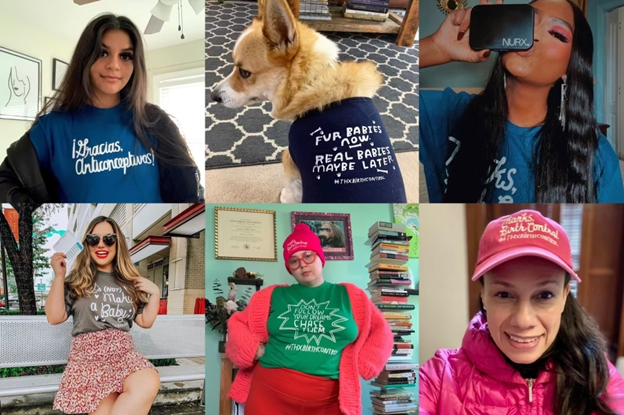 Six photos from social media of people and animals wearing ThxBirthControl merch. 