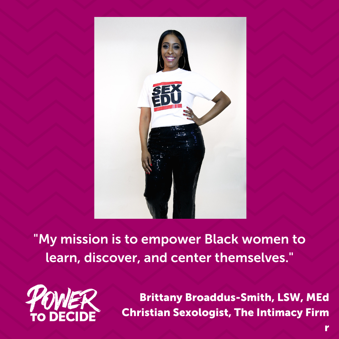 A photo of Broaddus-Smith and a quote from the interview, "My mission is to empower Black women to learn, discover, and center themselves."