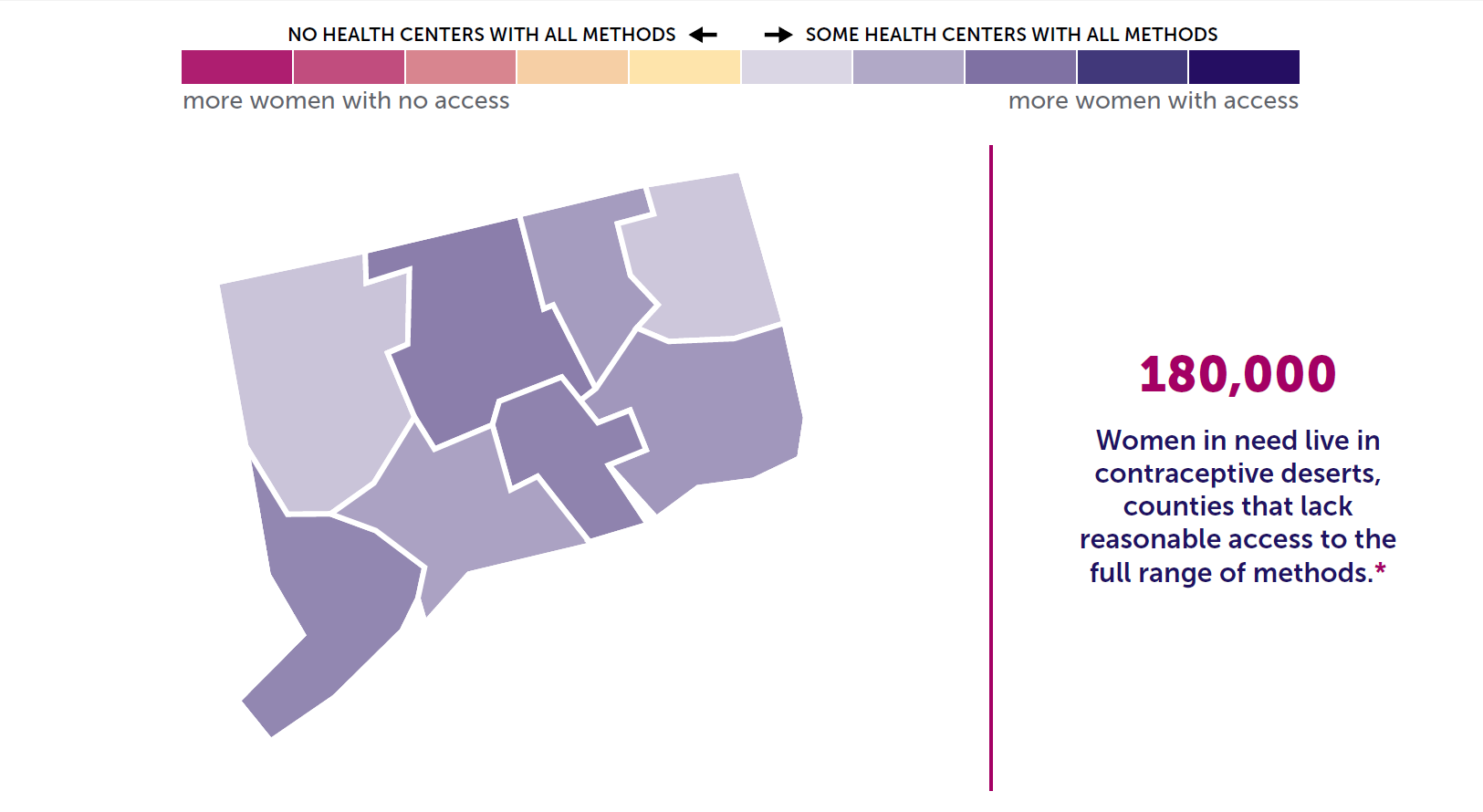 A map of Connecticut showing the levels of contraceptive access by county. 