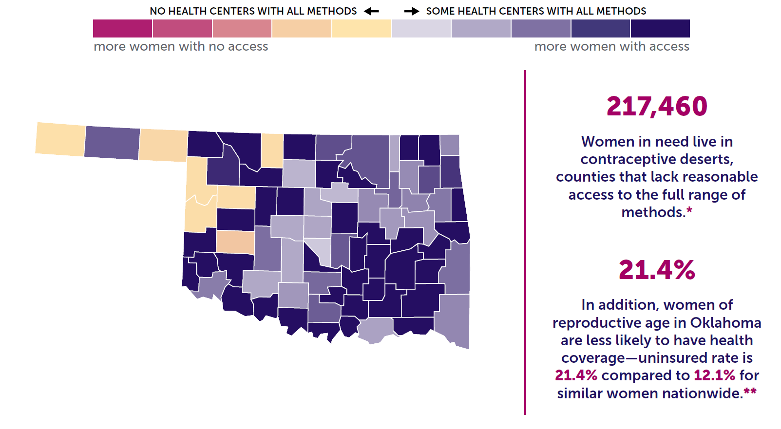 A map of Oklahoma showing the levels of contraceptive access by county. 