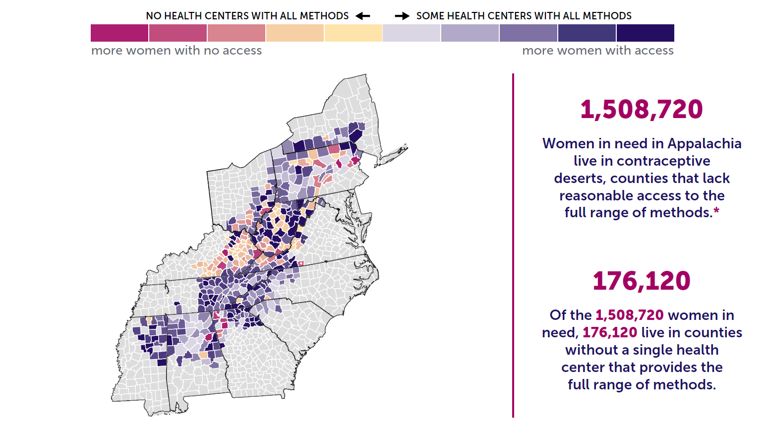 A map of the region of Appalachia and the state of contraceptive access by county. 