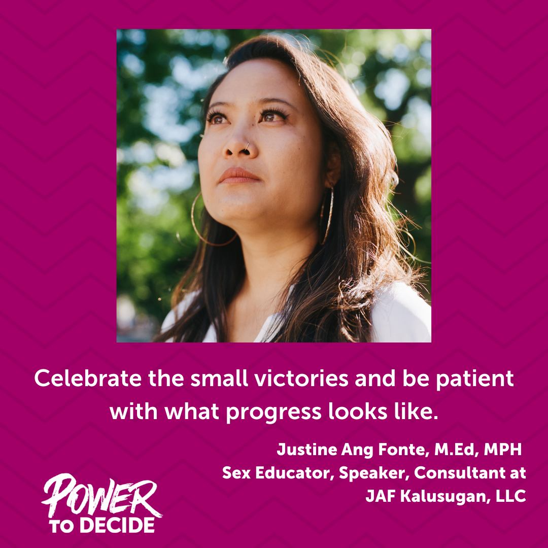 A photo of Justine Ang Fonte and a quote from the interview, "Celebrate the small victories and be patient with what progress looks like."
