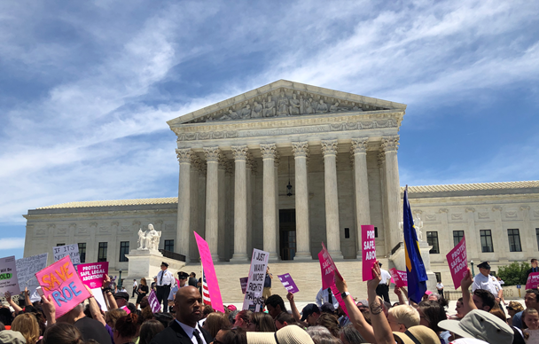 A photo of a rally for reproductive rights at the steps of the US Supreme Court. 
