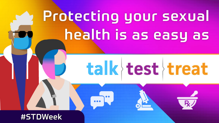 A colorful drawing of a man and a woman and the words, "Protecting your sexual health is as easy as talk test treat."