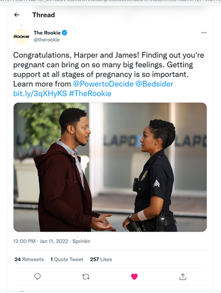 A tweet posted by Power to Decide about Harper's pregnancy on ABC's The Rookie. 