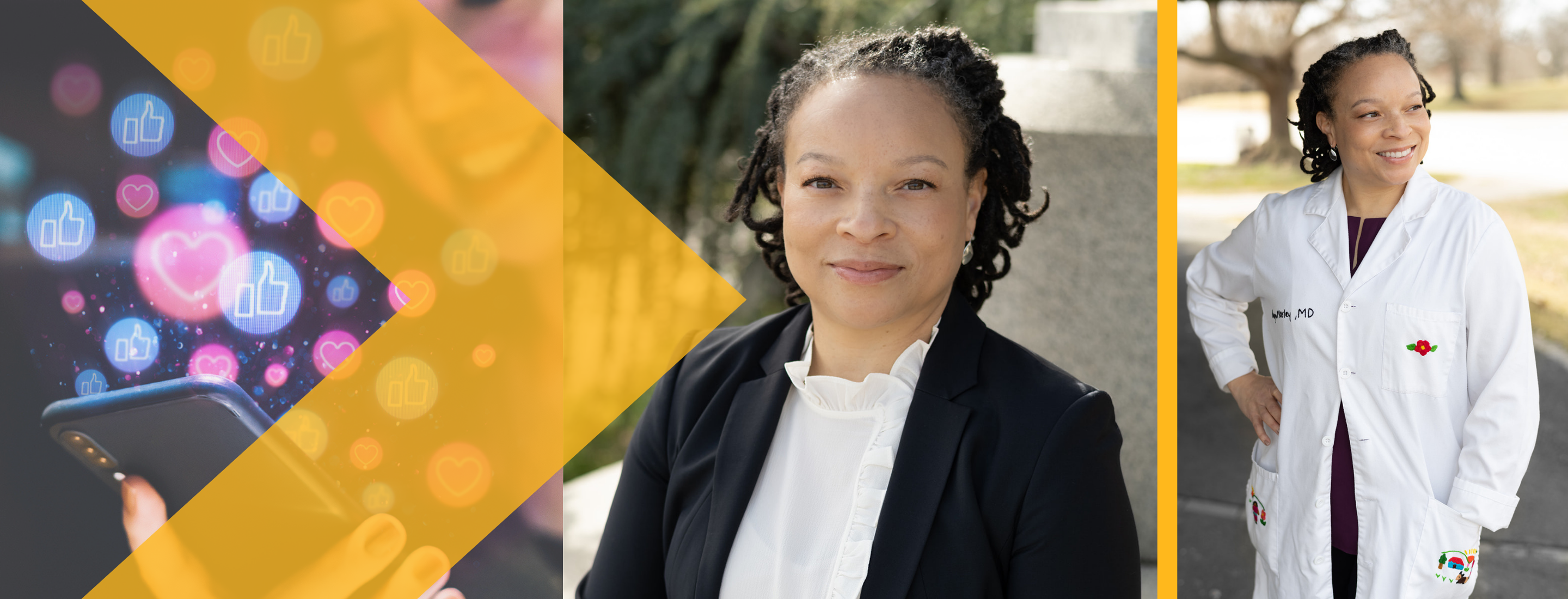 Three images next to one another with a yellow arrow combining them. The first image is of a phone with social media icons floating above. The second and third images are of Dr. Raegan McDonald-Mosley. 