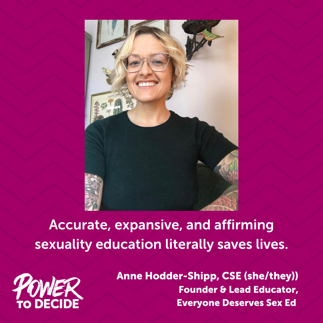 A photo of Anne Hodder-Shipp and a quote from the interview, "Accurate, expansive, and affirming sexuality education literally saves lives."