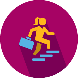 An icon of a person with a ponytail holding a briefcase and climbing stairs. 