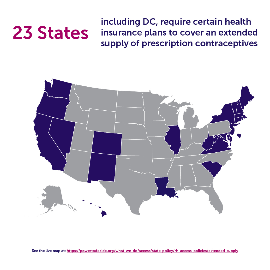 A map of the US showing which of the 23 states have extended supply of contraception. 