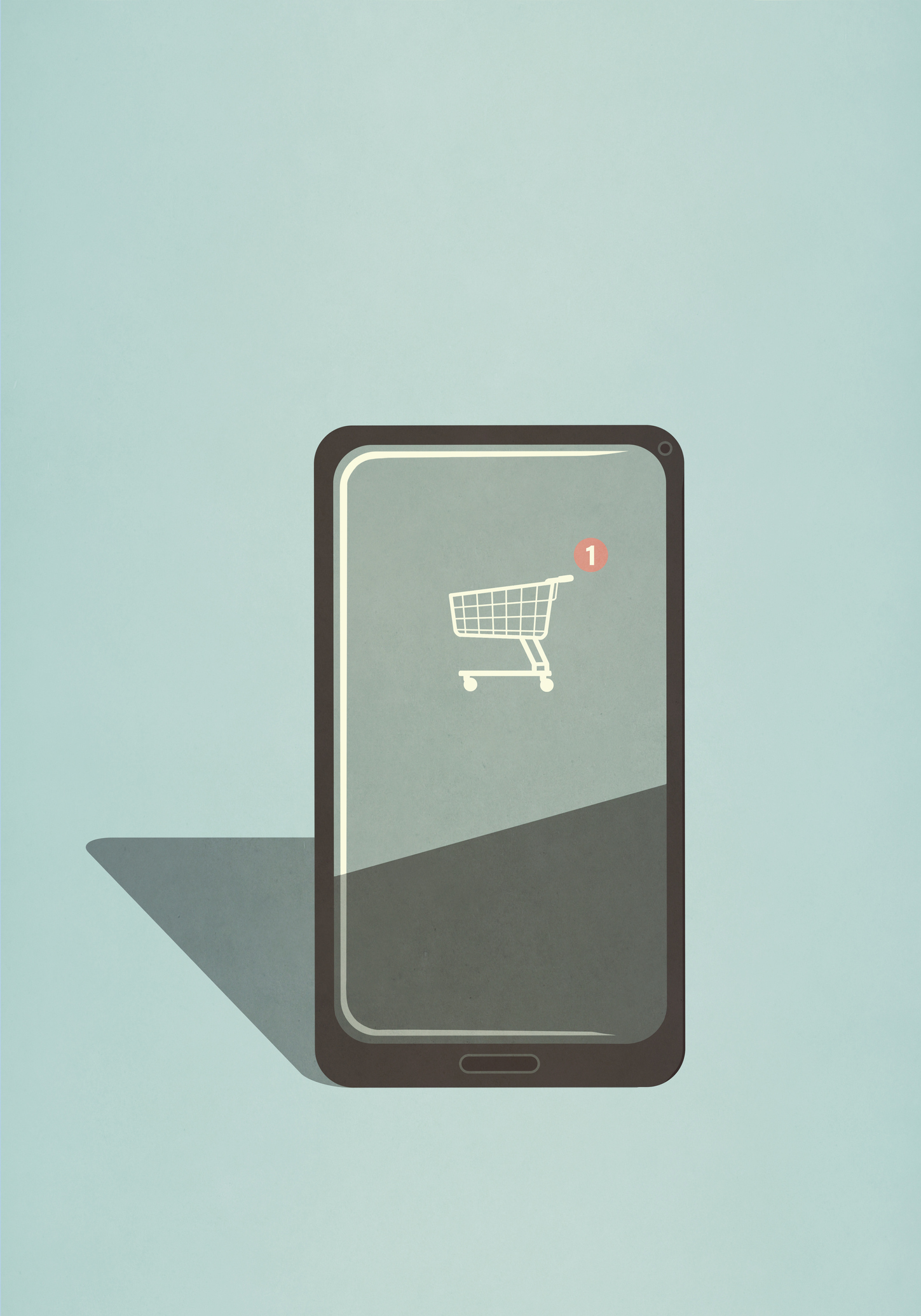 A graphic of a phone with a shopping cart displayed on the screen. 