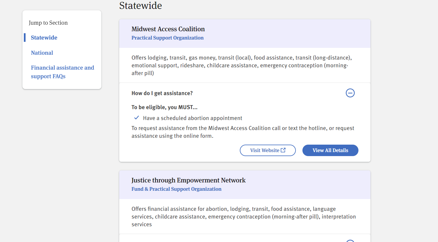 A screenshot of AbortionFinder.org's State Assistance page.