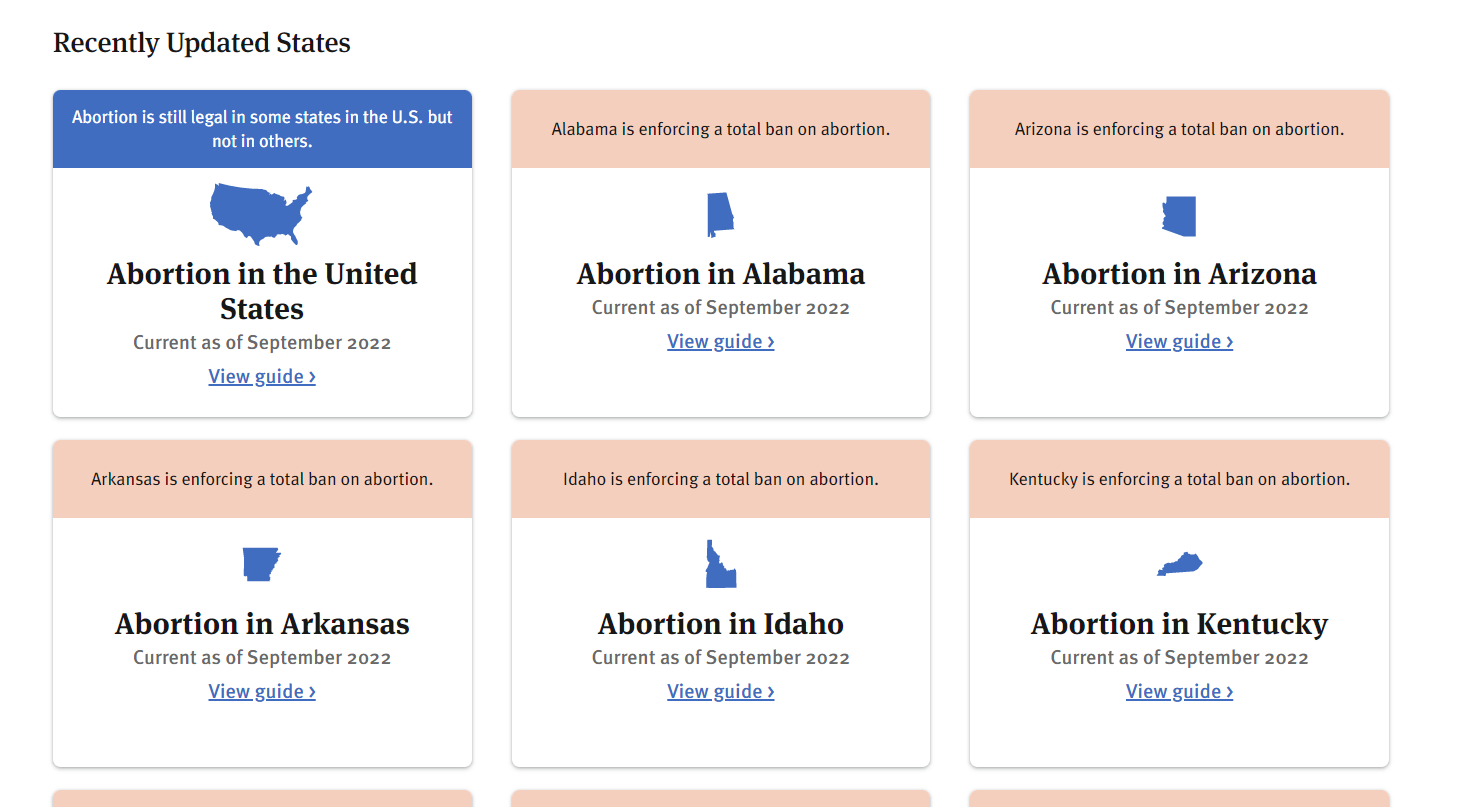 A screenshot of AbortionFinder.org's State-by-State Guide. 