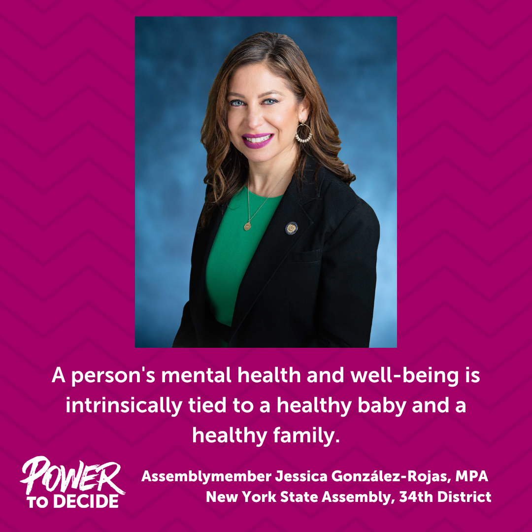 A photo of Assemblymember Jessica González-Rojas and a quote from the interview, "A person's mental health and well-being is intrinsically tied to a healthy baby and a healthy family."