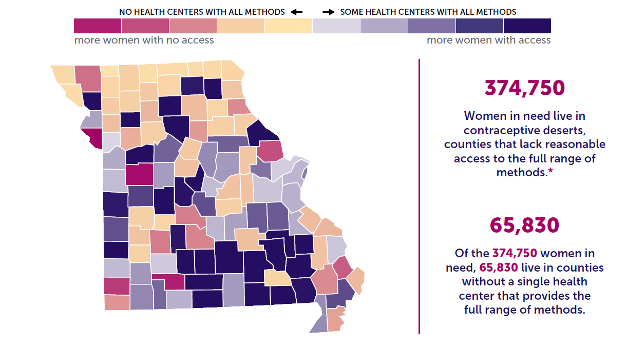 A map of the state of Missouri showing birth control access by county. 