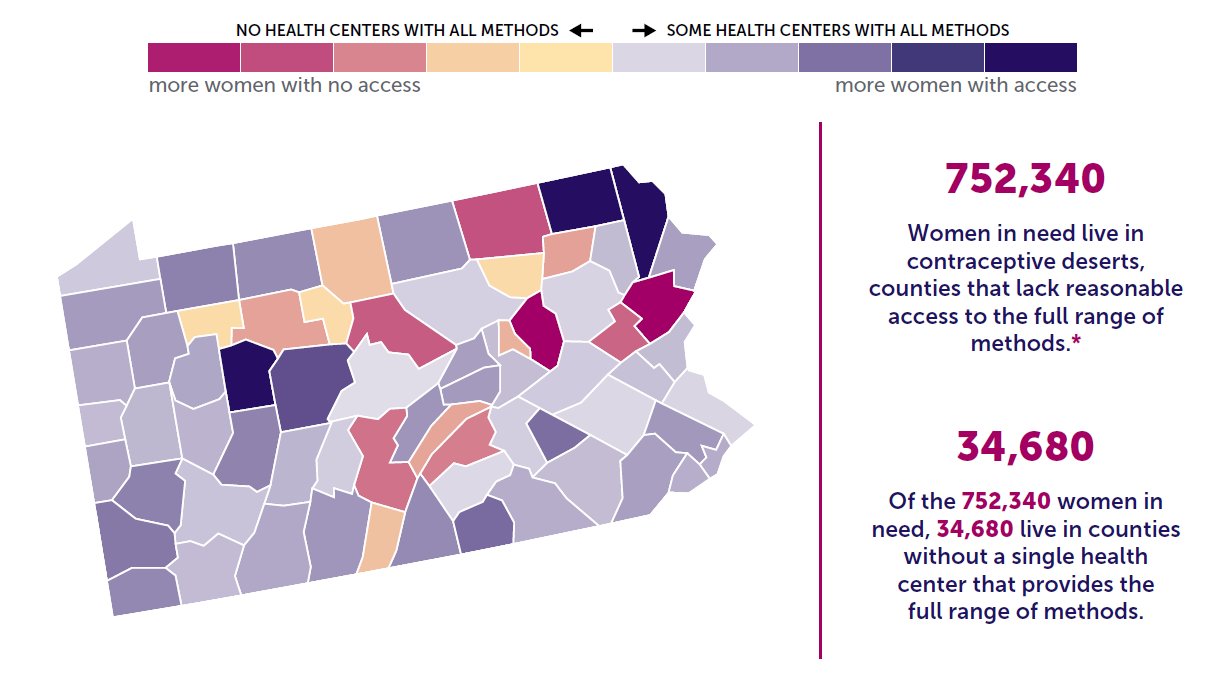 A map of the state of PA with it's contraceptive deserts outlined by county. 