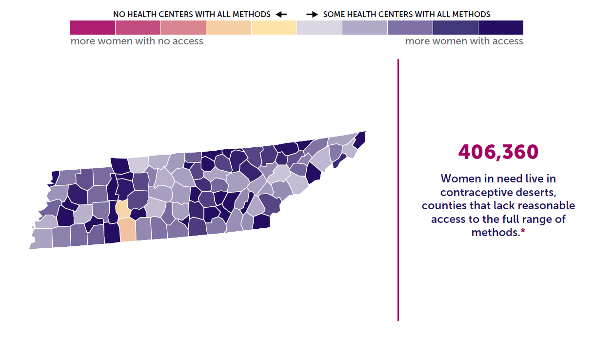 A map of the state of Tennessee showing birth control access by county. 