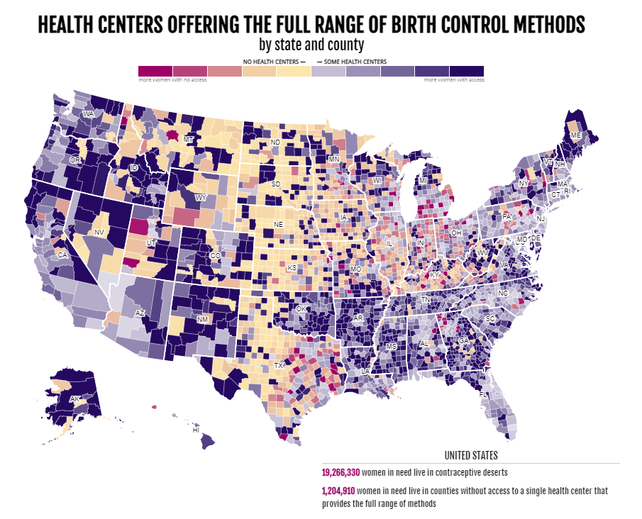 A map of the contraceptive deserts in the US as of November 2022. 