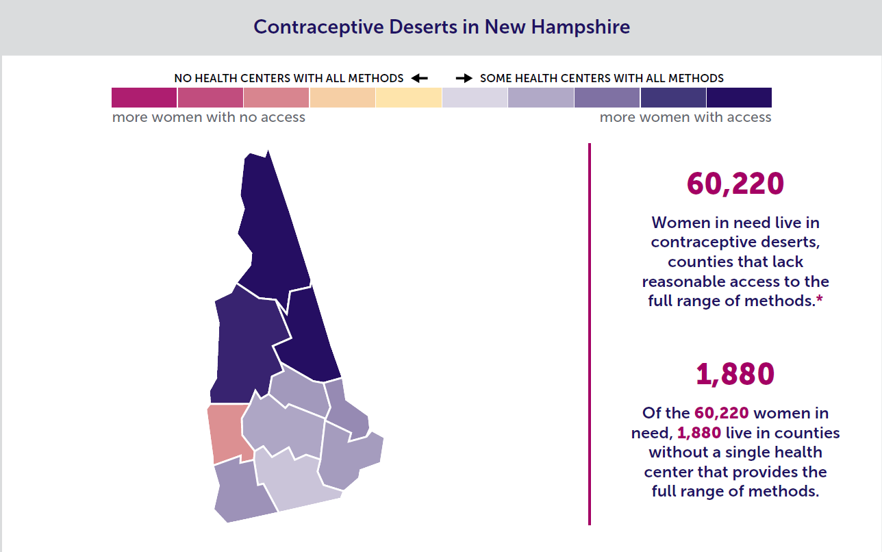 A map of the state of New Hampshire showing birth control access by county. 