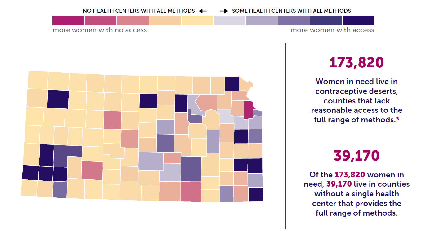 A map of the state of Kansas showing birth control access by county. 