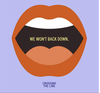 An illustration of an open mouth with the words, "We won't back down," between the teeth and tongue. 