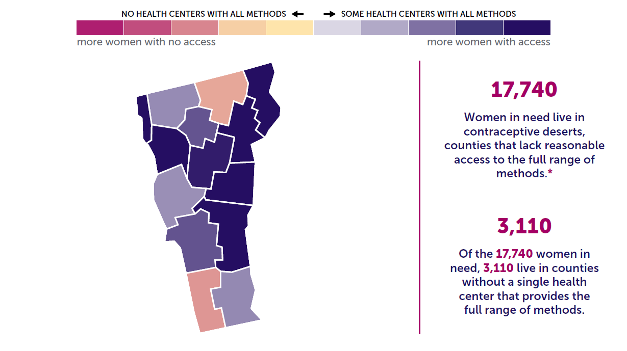 A map of Vermont showing the levels of contraceptive access by county. 
