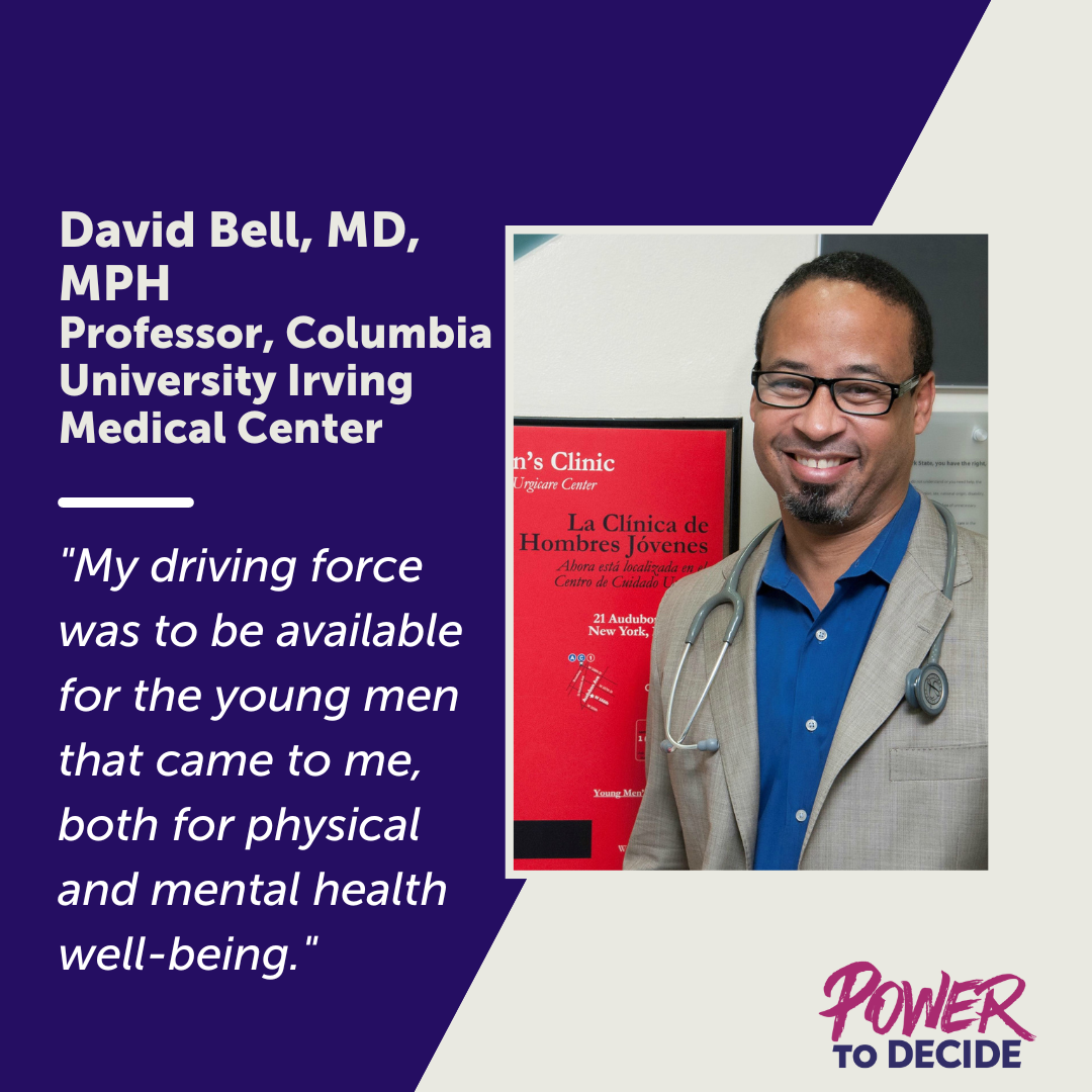 A photo of Bell and a quote from the interview, "My driving force was to be available for the young men that came to me, both for physical and mental health well-being."