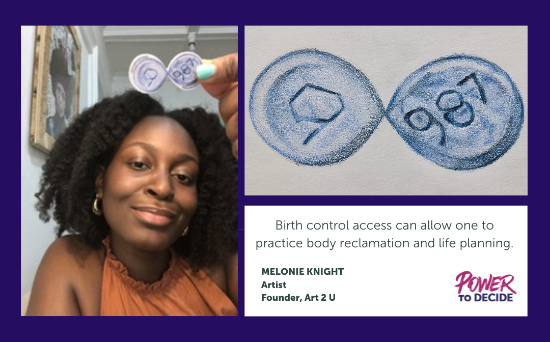 An image of Melonie Knight, her birth control sticker, and a quote from her interivew.