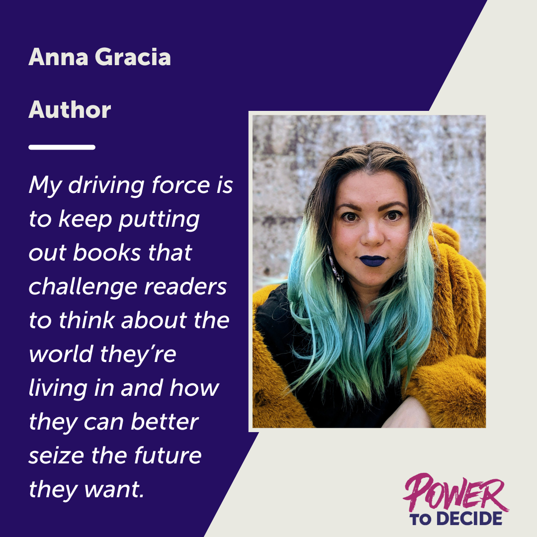 A photo of Gracia and a quote from the interview, "My driving force is to keep putting out books that challenge readers to think about the world they're living in and how they can better seize the future they want."
