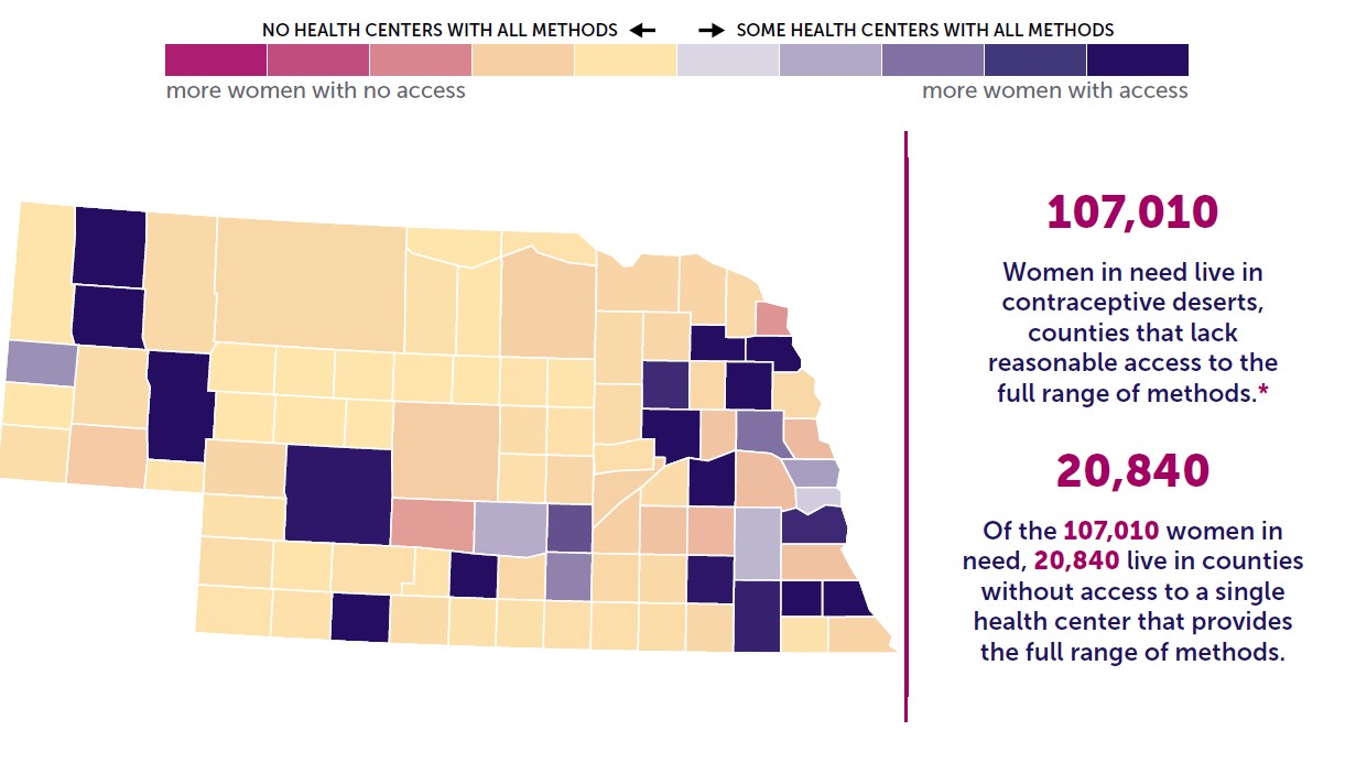 A map of Nebraska showing the levels of contraceptive access by county. 