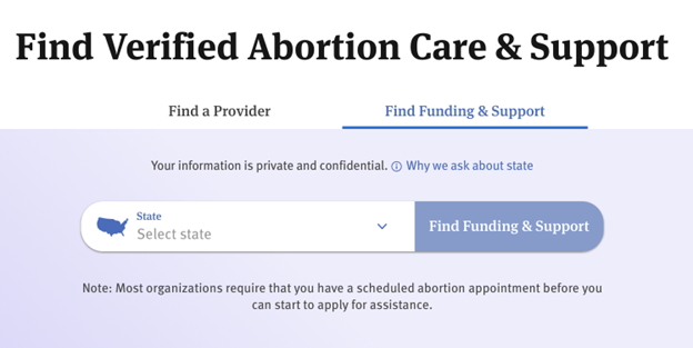 A screenshot of AbortionFinder.org's page to find financial and practical assistance.