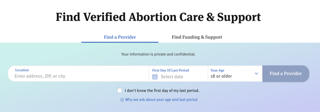 A screenshot of AbortionFinder.org's page to find verified abortion care and support.