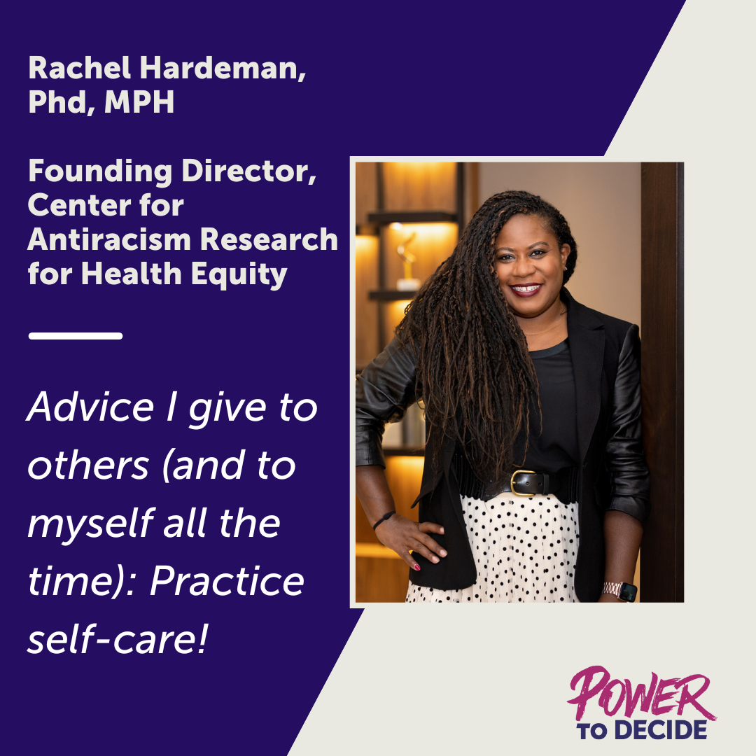 A photo of Rachel Hardeman and a quote from the interview, "Advice I give others (and to myself all the time): Practice self-care!"