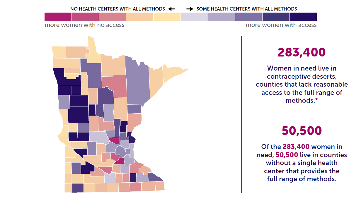 A map of the state of Minnesota showing birth control access by county. 