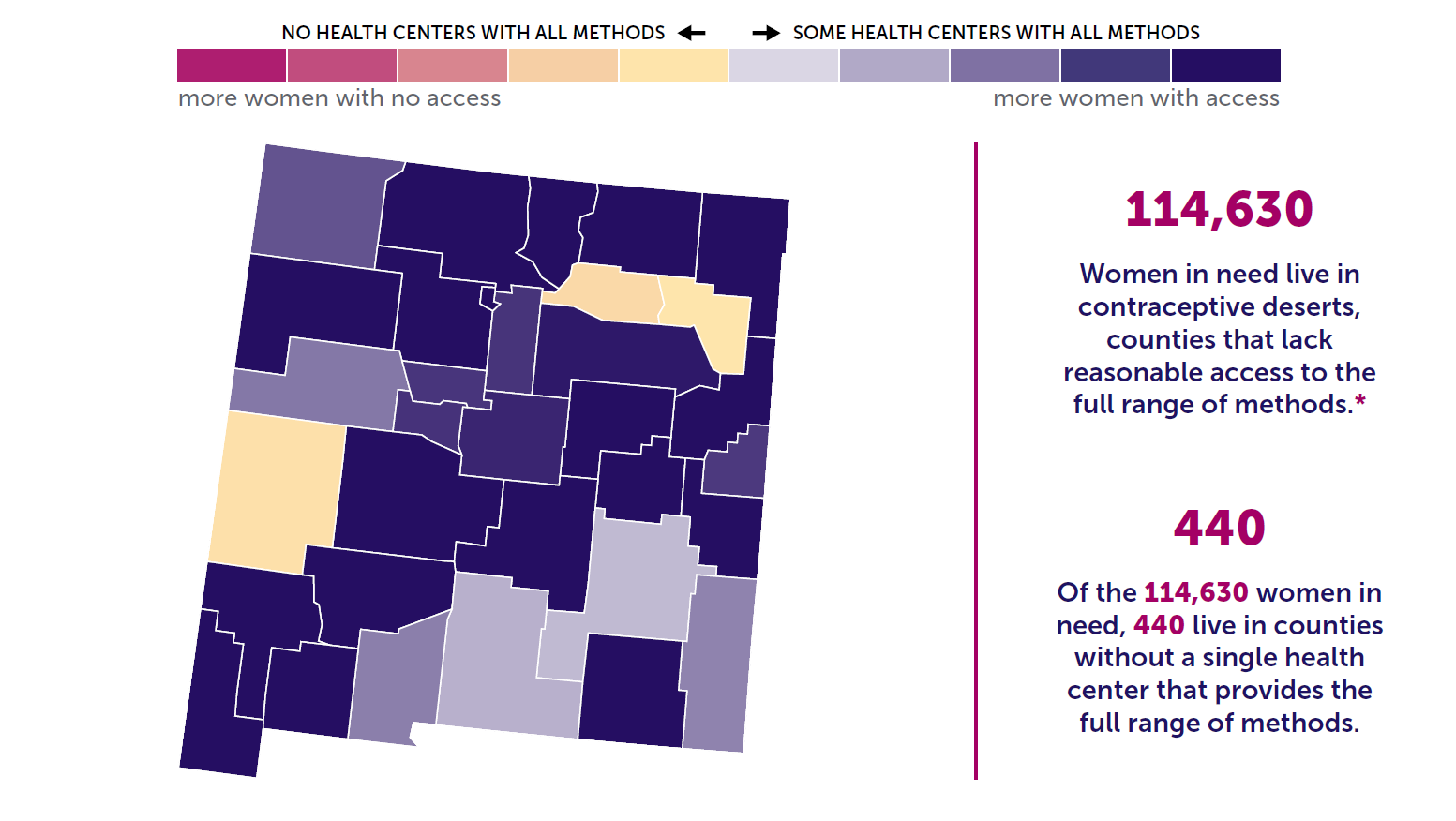 A map of the state of New Mexico showing birth control access by county. 