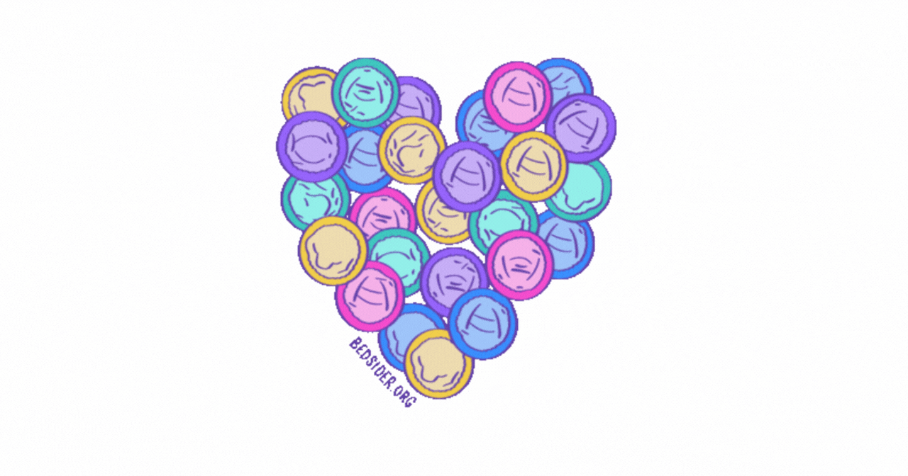 A gif of multicolored illustrated condoms forming a heart. 