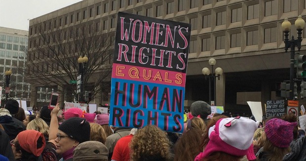 A sign at a protest that reads, "Women's rights are human rights"