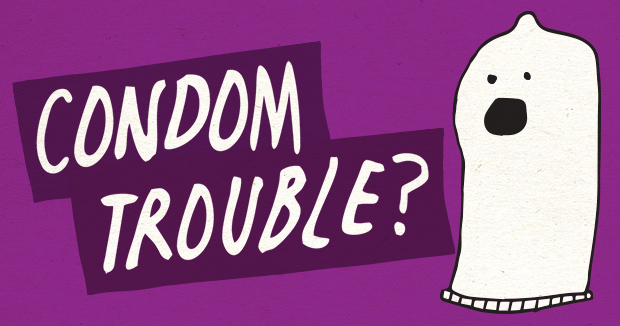 A condom saying, "Condom Trouble."