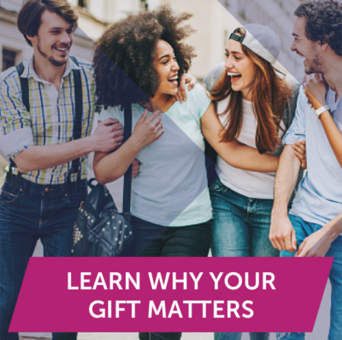 A group of friends talk and the words Learn Why Your Gift Matters
