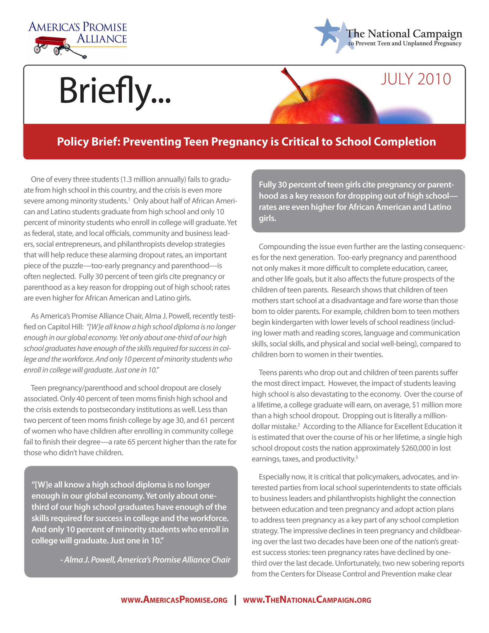 Briefly - Policy Brief: Preventing Teen Pregnancy is Critical to School Completion