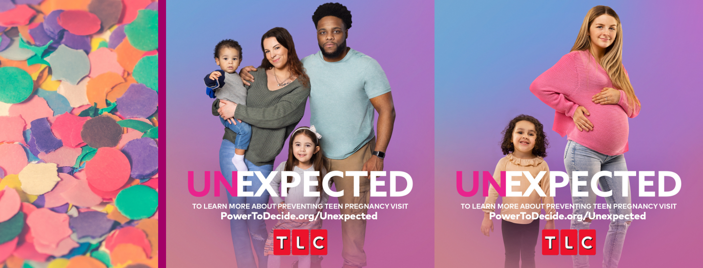 An image of multicolored confetti next to two promotional images from Season 5 of TLC's Unexpected. 
