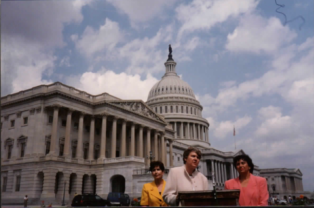 A photo of Rep. Lowey and Belle Sawhill speaking on the steps of the US Capitol. 