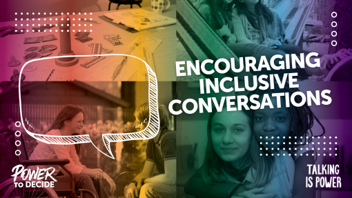 A rainbow of images of people with a speech bubble and the words, "Encouraging Inclusive Conversations."