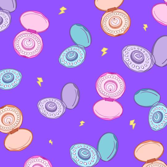 An illustration on a light purple background with pastel birth control pill cases floating. 
