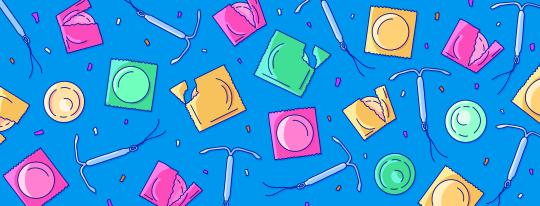 Pattern of condoms and IUDs in front of a blue background with confetti