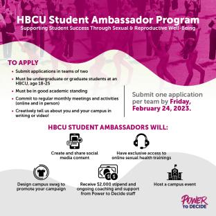 A graphic showing how to apply to Power to Decide's HBCU Student Ambassador Program.