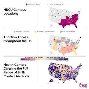 Three maps showing where HBCU campuses are located, what abortion access in the US looks like, and where in the US health centers offer the full range of birth control methods. 