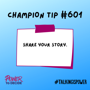 A graphic of a post-it with a champion tip, "Share your story."
