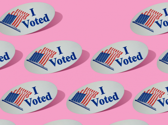 a pink background with rows of "I voted" stickers