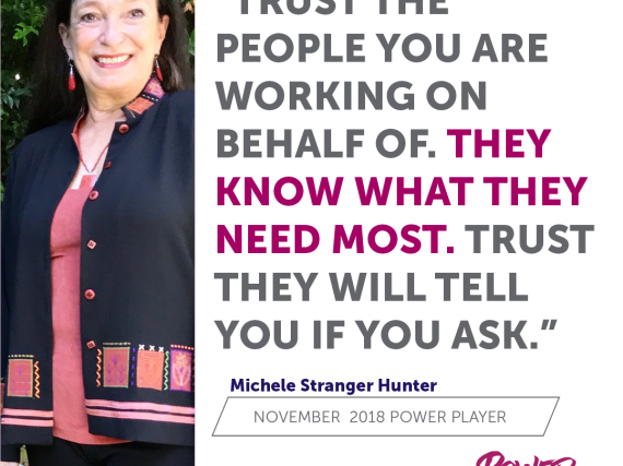 A photo of Michele Stranger-Hunter with a quote from the interview