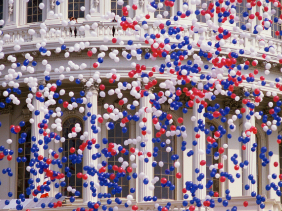 Balloons falling in front of the Capitol building